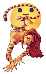 1girls avengers braless crawling dominant_female elias_chatzoudis emoji femme_fatale greer_grant greer_nelson happy_face long_hair marvel purple_thong red_hair red_lipstick seductive_look seductive_mouth seductive_smile superheroine tagme tiger_claw tiger_skin tigra