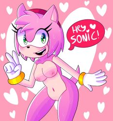 amy_rose breasts casual_nudity exposed_torso footwear green_eyes handwear heart humanoid naked nipples pink_fur pussy smile sonic_(series) sonic_the_hedgehog_(series) sweat sweatdrop sweaty thelewderchris