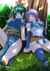 2girls absurdres against_tree armor bare_arms bare_legs bare_thighs black_gloves blue_dress blue_gloves blue_thighhighs blush boots breasts closed_eyes clothes_lift commission dappled_sunlight dress elbow_gloves female female_only fingerless_gloves fire_emblem fire_emblem:_the_blazing_blade florina_(fire_emblem) gloves grass green_hair headband high_ponytail highres holding_hands kisaragi_setsu_(mssk8485) large_breasts legs long_hair lyn_(fire_emblem) medium_breasts multiple_girls nintendo on_ground open_mouth outdoors panties pantyshot pantyshot_(sitting) pelvic_curtain pelvic_curtain_lift pixiv_commission ponytail purple_hair short_sleeves sitting skirt_lift sleeping sunlight thick_thighs thigh_boots thighhighs thighs tree tree_shade under_tree underwear upskirt very_long_hair white_dress white_panties yuri zettai_ryouiki