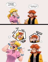 2girls big_breasts blonde_female blonde_hair breasts brunette casual clothing dark_skin dialogue female human mario_(series) meme misunderstanding nintendo outerwear pale_skin princess_daisy princess_peach seggs_(meme) sometimes_i_wonder_how_i_taste speech_bubble tagme text thegreyzen wristwear yuri