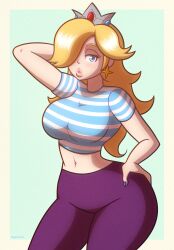 beg4cake belly_button big_breasts blonde_hair blue_eyes breasts crown earrings hand_behind_head hand_on_hip lipstick mario_(series) midriff navel nintendo pants princess_rosalina purple_pants shirt striped_shirt thick_thighs wide_hips yoga_pants