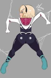 1girls ass big_ass blonde_hair blue_eyes female female_only gwen_stacy hairband light-skinned_female light_skin marvel marvel_comics mendelartz rear_view spider-gwen spider-man_(series) spider_web tied_up web