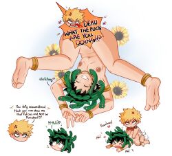 2021 blonde_hair blood bodily_fluids closed_eyes dekuwus duo english_text european_mythology feet gorgon greek_mythology hair hi_res human human_on_humanoid humanoid humanoid_feet humanoid_hands interspecies izuku_midoriya katsuki_bakugou living_hair male male/male mammal my_hero_academia mythology nipples nosebleed pseudo_hair reptile scalie smile snake snake_hair text