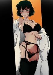 1girls bangs bare_shoulders belly belly_button big_breasts black_lingerie blush bob_cut bra breasts cleavage clothed clothing coat color colored covered_breasts covered_nipples covered_pussy curvaceous curvy dark_green_hair door eye_contact eyelashes eyeliner female female_focus female_only fringe front_view fubuki_(one-punch_man) garter_belt garter_straps green_eyes green_hair heroine hips hourglass_figure jcm2 large_breasts legs light-skinned_female light_skin lingerie lips lipstick looking_at_viewer makeup medium_hair midriff navel one-punch_man panties pose pov pov_eye_contact shiny_skin short_hair slim slim_waist smile smiling smiling_at_viewer smirk solo solo_female solo_focus standing stockings stomach thick thick_legs thick_thighs thighs thin_waist thong tight_clothing topwear underwear voluptuous waist wide_hips