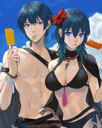 1boy 1girls abs alternate_costume bangs bikini black_bikini black_cape black_swimsuit blue_hair blue_sky breasts byleth_(fire_emblem) byleth_(fire_emblem)_(female) byleth_(fire_emblem)_(male) byleth_(summer)_(fire_emblem)_(female) cape cleavage cloud commentary_request danno_gs day female fire_emblem fire_emblem:_three_houses fire_emblem_heroes flower food food_in_mouth hair_between_eyes hair_flower hair_ornament hibiscus highres holding holding_food large_breasts long_hair looking_at_viewer male male_swimwear mouth_hold muscular muscular_male navel nintendo official_alternate_costume outdoors popsicle purple_eyes red_flower short_hair sky stomach swimsuit teeth tongue tongue_out topless topless_male