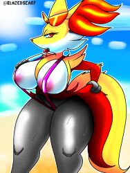 areola big_breasts bikini blazedscarf bodily_fluids breasts clothing delphox female food hi_res nintendo pokémon_(species) pokemon popsicle sling_bikini solo sweat swimwear thick_thighs video_games