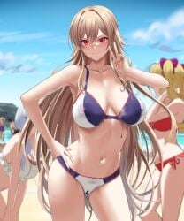 3girls bangs beach bikini blonde_female blue_sky bodypaint breasts brown_hair censored completely_nude exhibitionism fuooooo furen_e_lustario hair_between_eyes hakase_fuyuki hand_on_hip highres large_breasts long_hair multiple_girls naked_paint navel nijisanji nude ocean painted_clothes public_indecency public_nudity pussy red_eyes sky smile solo_focus sweat swimsuit takamiya_rion v very_long_hair virtual_youtuber