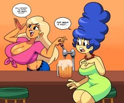 2girls beer big_breasts blonde_hair blue_hair breasts duff_beer female large_breasts marge_simpson superspoe tagme the_simpsons tied_shirt titania_(the_simpsons) yellow_skin