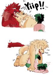 2022 animal_humanoid anthro anthro_penetrating anthro_penetrating_humanoid blood blood_in_mouth bodily_fluids canid canid_humanoid canine canine_humanoid claws closed_eyes countershading dekuwus dog_humanoid eijirou_kirishima english_text fur green_hair group hair hi_res humanoid humanoid_on_anthro humanoid_penetrated izuku_midoriya katsuki_bakugou male male/male male_penetrated male_penetrating male_penetrating_male mammal mammal_humanoid my_hero_academia paws penetration red_body red_fur text tongue_out trio were werecanid werecanine werewolf yandere