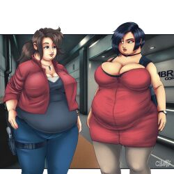 2girls ada_wong ada_wong_(adriana) asian asian_female bbw belly big_belly big_breasts breasts chunkerchunks claire_redfield cleavage fat female firearm handgun human neckwear obese outerwear overweight pale_skin resident_evil revolver weapon weight_gain wristwear