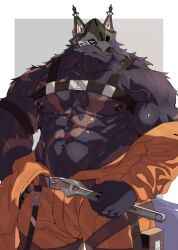 1male abs anthro anthro_only bara biceps black_fur blush body_scars bodybuilder broad_shoulders bulge chest_harness clothes_around_waist cygames daddy dilf furry furry_ears furry_male furry_only furry_pecs furry_tail hand_on_hip happy_trail harness humanoid humanoid_hands kemono lustful_gaze male male_only manly murimurri670 muscular muscular_anthro muscular_arms muscular_male nipples pecs rolf_(world_flipper) scars scars_all_over shiny_fur sweat sweating uncle veiny_muscles wolf wolf_ears wolf_humanoid wolf_male wolf_man wolf_tail world_flipper wrench zaddy