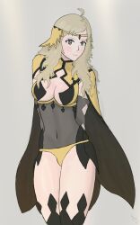 1girls ahoge bare_thighs blonde_female blonde_hair bodystocking breasts cape cleavage female female_only fire_emblem fire_emblem_fates grey_background grey_eyes long_hair looking_at_viewer medium_breasts nintendo nulla ophelia_(fire_emblem) panties smile solo thighs underwear yellow_pawpads