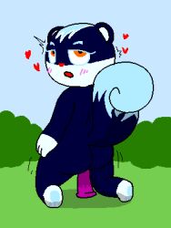 2022 ambiguous_penetration animal_crossing anthro ass big_butt black_body black_fur blue_body blue_fur blue_hair blue_pawpads blush dildo dildo_insertion dildo_sitting eyelashes feet female fur grass hair half-closed_eyes hand_on_hip heart kneeling looking_at_viewer looking_back low_res mammal multicolored_body multicolored_fur narrowed_eyes nintendo nonyammychoko nude open_mouth orange_eyes pawpads paws penetration plant rear_view red_nose rodent sciurid sex_toy sex_toy_insertion sex_toy_penetration shaded shadow smile soles solo tasha_(animal_crossing) video_games white_body white_fur wide_hips