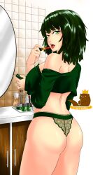 1girls absurd_res arm_up ass back_view bangs bathroom big_ass big_breasts big_butt bob_cut breasts clothed clothing crop_top curvaceous curvy curvy_body curvy_female curvy_figure dark_green_hair dat_ass eye_contact eyelashes female female_focus female_only fringe fubuki_(one-punch_man) green_eyes green_hair heroine highres hips hourglass_figure legs light-skinned_female light_skin lips lipstick looking_at_viewer looking_back medium_hair mirror nails one-punch_man open_mouth panties red_lips red_lipstick shiny_skin shirt short_hair slim slim_waist solo solo_female solo_focus standing suiren_ciao thick thick_ass thick_legs thick_thighs thighs thin_waist toned toned_back toned_body toned_female underwear voluptuous waist wide_hips