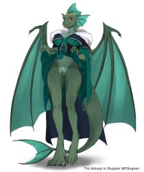 2022 absurd_res anthro biped blep breasts claws clothed clothing clothing_lift crown digital_media_(artwork) dragon dress dress_lift female genitals green_body green_clothing green_dress green_pussy green_scales hi_res koncon looking_at_viewer membrane_(anatomy) membranous_wings non-mammal_breasts pussy red_eyes reptile scales scalie simple_background solo tiara toe_claws tongue tongue_out western_dragon white_background wings yellow_sclera