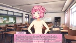 1girls accurate_art_style casual classroom closet confidently_naked ddlc_text_box dmx18_artist doki_doki_literature_club exhibitionism exhibitionist female hands_on_hips human naked natsuki_(doki_doki_literature_club) no_clothes nude nudist open_mouth pale_skin pink_eyes pink_hair pink_text_box proud public solo solo_female sprite_edit text text_box window