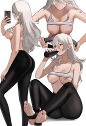 1girls areolae ass bangs bare_shoulders black_pants blonde_female breasts breasts_out cleavage clothing corrin_(female)_(fire_emblem) corrin_(fire_emblem) electronics exercise feet female female_only fire_emblem fire_emblem_fates game_controller hairband hartman_hips highres human j@ck joycon_controller large_breasts long_hair midriff navel nintendo nintendo_switch nipples pale_skin pants pilates_ring pointy_ears red_eyes ring_fit_adventure ringcon_controller selfie soles solo sports_bra sportswear stirrup_legwear sweat thick_thighs toeless_legwear white_hair yoga_pants