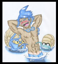 1boy blue_hair blush gay gym_leader male male_only marlon_(pokemon) ocean omanyte omastar pokemon pokemon_bw2 pokephilia solo_male swim_goggles tan tan_lines tanline tears tickle_torture tickling tickling_armpits tickling_belly tickling_nipples tickling_sides trueticklefanatic video_games yaoi