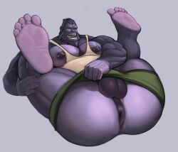 anthro anus ape ass balls blizzard_entertainment boxers_(clothing) clothing feet genitals gorilla haplorhine hi_res legs_up looking_at_viewer lying male male_only mammal nipple_piercing nipples on_back on_ground open_mouth overwatch piercing presenting presenting_anus presenting_hindquarters primate razzper shirt simple_background solo spread_legs spreading tank_top topwear underwear video_games winston_(overwatch)