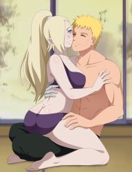 1boy 1girls ass ass_cleavage blonde_hair blush boruto:_naruto_next_generations butt_crack couple female half_naked iharuluna_(artist) ino_yamanaka lingerie male naruto naruto_(series) naruto_shippuden pants romantic shounen_jump smile smiling uzumaki_naruto