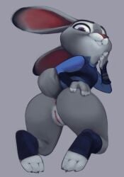 2022 anthro anus ass bottomless buckteeth clothed clothing disney feet female footwear fur furry furry_only genitals grey_body grey_fur hi_res judy_hopps lagomorph leporid looking_at_viewer looking_back looking_back_at_viewer mammal multicolored_body multicolored_fur partially_clothed presenting presenting_anus presenting_hindquarters presenting_pussy purple_eyes pussy qupostuv35 rabbit rear_view shortstack simple_background smile smiling_at_viewer solo tail teeth thick_thighs topwear two_tone_body two_tone_fur white_body white_fur zootopia