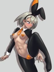 abs bea_(pokemon) blush bunny_ears cameltoe dark-skinned_female dark_skin necktie otocai pasties pokemon pokemon_ss raised_leg reverse_bunnysuit