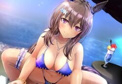 absurdres admire_vega_(umamusume) animal_ears bikini blush breasts brown_hair cleavage commentary_request drink female highres horse_ears horse_girl implied_sex kokoa_ninniku long_hair looking_at_viewer medium_breasts ocean out-of-frame_censoring ponytail revision smile solo spread_legs swimsuit table umamusume wet