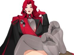 alexandra_(heelfall) bo_wei domination feet femdom foot_fetish game_cg gloves heelfall lipstick milf red_hair sitting_on_person size_difference unseen_male_face