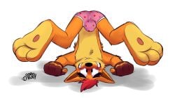 1boy 2022 3_toes 4_fingers activision anthro ass ass_up bandicoot black_eyebrows black_eyes black_nose blank_background blush blushing boxers boxers_(clothing) brown_fingerless_gloves brown_gloves bulge butt clothing crash_(series) crash_bandicoot crash_bandicoot_(series) detailed_bulge dorkyrudy feet fingerless_gloves foot_fetish full_body fur furry furry_only gloves grin heart_boxers heart_underwear male male_focus male_only marsupial orange_fur paws pink_boxers pink_underwear red_hair simple_background smile solo solo_male tan_fur underwear upside-down upside_down video_games white_background