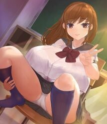 1girls big_breasts brown_eyes brown_hair clothing female_only gigantic_breasts huge_breasts looking_at_viewer masamasa pantsu school_uniform solo spread_legs underwear v white_panties