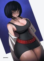 1girls amulet big_breasts big_thighs blue_hair breasts child_bearing_hips choker coat_only collar curvaceous curves curvy curvy_body curvy_female curvy_figure doctor fat_thighs goth gothic hand_on_breast hips huge_breasts huge_thighs lab_coat labcoat large_breasts large_thighs myapica necklace persona persona_5 red_eyes tae_takemi thick thick_thighs thighs thighs_bigger_than_head