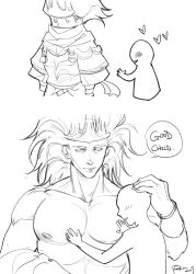 1boy 1other anon archdragonleak big_pecs blush crown dark_souls dark_souls_3 deity english_text fromsoftware grope groping hand_on_another's_head male monochrome muscular muscular_male nameless_king pec_grasp pecs size_difference sketch speech_bubble topless_male