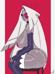 1girls armwear ass big_ass big_breasts breasts choker color demon demon_girl eye_patch female female_only grey_skin hair_ribbon hazbin_hotel huge_ass legwear looking_at_viewer panties pasties red_eyes sitting solo solo_female stool straight_hair sweat thick_thighs thong vaggie_(hazbin_hotel) white_hair wide_hips yamathegod