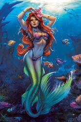 1girls ariel big_breasts disney disney_princess elias_chatzoudis female long_hair looking_at_viewer mermaid mermaid_tail red_hair sea_shell shell_bikini solo_female solo_focus tagme the_little_mermaid underwater