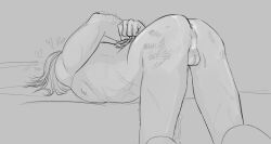 anus arms_behind_back arms_tied ass_up backsack balls bent_over bloodborne bondage completely_nude face_down_ass_up fromsoftware male male_only monochrome nude rear_view restrained rhett_77 scars sketch solo valtr_master_of_the_league whip_marks