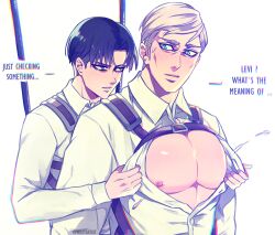 attack_on_titan english_text erwin_smith levi levi_ackerman male male_only pecs shingeki_no_kyojin tagme text unbuttoned unbuttoned_shirt woxyartist