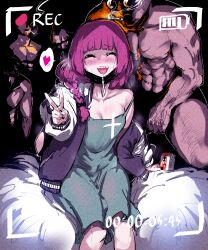 1girls anuttsuii blush bocchi_the_rock! breasts drunk hiroi_kikuri imminent_sex looking_back multiple_boys muscular muscular_male on_bed peace_sign recording size_difference smile smiling_at_viewer smoking solo_female