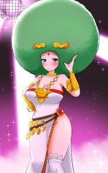 1girls :o afro alternate_hairstyle blush breasts choker cleavage curvy deity disco_ball female female_focus goddess gold_jewelry green_eyes green_hair highres hips kid_icarus kid_icarus_uprising large_breasts looking_at_viewer nintendo palutena pendant slightly_open_mouth strapless_dress thigh_gap thighs tiara white_dress white_socks