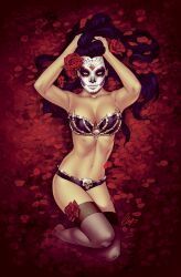 1girls bat_bra big_breasts black_hair black_panties black_stockings deity elias_chatzoudis goddess la_muerte latex_bra long_hair santa_muerte solo_female tagme