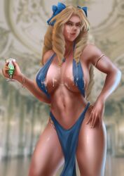 1girls abs absinthe accessory armlet athletic athletic_female ballroom biceps blonde_hair blue_bow blue_dress blurry_background bow bracelet cocktail_dress commission cum cum_on_body cum_on_breasts cum_on_clothes cum_on_face dress drill_hair drink eyelashes fate_(series) gem gold_eyes gold_jewelry hand_on_hip holding_glass jewelry large_breasts lips long_hair looking_at_viewer luviagelita_edelfelt midriff navel necklace no_bra no_panties noodle_(5152488) revealing_clothes sapphire_(gemstone) smile smiling_at_viewer solo solo_female solo_focus thick_thighs toned toned_arms toned_body toned_female toned_legs toned_stomach