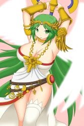 1girls absurd_res angel_wings belt breasts choker cleavage curvy deity female female_focus goddess gold_jewelry green_eyes green_hair holding_staff kid_icarus kid_icarus_uprising large_breasts long_hair looking_at_viewer nintendo one_sock palutena parted_bangs pendant slight_blush somegu staff strapless_dress thighhighs tiara very_long_hair white_dress