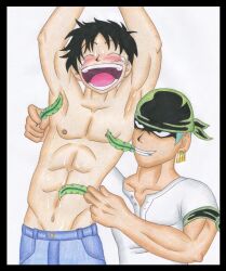 2boys black_hair blush feathers green_feathers male_only monkey_d_luffy one_piece roronoa_zoro scar sweating tickle_fetish tickle_torture tickling tickling_armpits tickling_belly tickling_nipples trueticklefanatic what