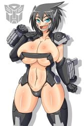 1girls 2014 autobot bare_thighs big_breasts black_hair blue_eyes breasts dr.bug gijinka hasbro ironhide overflowing_breasts solo solo_female tagme thick_thighs transformers transformers_(bayverse)