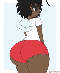 1girls 2021 antennae antennae_(anatomy) anthro arthropod bee beenie_(pandaboytoy) big_ass black_hair black_sclera booty_shorts brown_skin bumblebee cute female hymenopteran insects original_character pandaboytoy red_shorts shorts t-shirt tagme thick_thighs white_pupils white_t-shirt