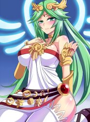 1girls breasts choker cleavage curvy forehead_jewel goddess gold_jewelry green_eyes green_hair halo hand_on_breast kid_icarus kid_icarus_uprising large_breasts long_hair looking_at_viewer nintendo nishida_megane palutena parted_bangs pendant repost sitting smile strapless_dress thigh_gap tiara very_long_hair voluptuous white_dress