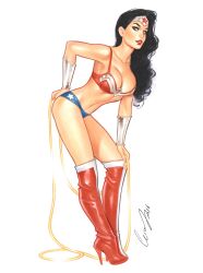 1girls big_breasts black_hair blue_eyes blue_thong cleavage dc_comics diana_prince dominant_female elias_chatzoudis female female_only justice_league large_breasts lasso_of_truth latex_boots lipstick long_hair looking_at_viewer red_bikini_top red_body solo solo_focus superheroine tagme tiara wonder_woman wonder_woman_(series)