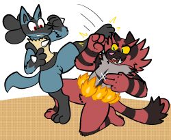 ambiguous_gender anthro blue_body blue_fur canid canine counterattack felid female female_lucario fight fur genitals hi_res imminent_fingering imminent_sex incineroar kick lucario mammal nintendo pokemon pokemon_(species) pussy red_body red_fur scared teeth trout_(artist) video_games