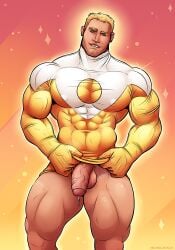 1boy apollo_(dc) bara blonde_hair dc dc_comics huge_cock male male_only midnightsun muscle muscular_male pullaskiart solo tanned_skin the_authority tight_clothing uncensored veins veiny_penis yaoi