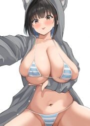 1girls 2022 absurd_res bikini black_hair breasts chubby cleavage female female_only hips hoodie huge_breasts neneneji original original_character short_hair simple_background smile solo solo_female striped_bikini thick_thighs thighs wide_hips