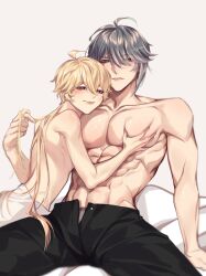 2boys abs aether_(genshin_impact) alhaitham_(genshin_impact) biceps bishonen blonde_hair genshin_impact grey_hair hi_res long_hair long_hair_male male male_only muscular muscular_male pants pecs pectoral_grab pectoral_squeeze pectorals ponytail rourouki smile toned toned_male topless twink yaoi